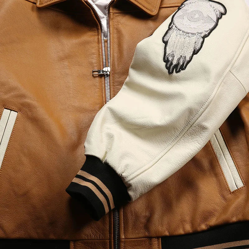 Men large size leather jacket flight suit jacket printed big chief embroidery casual sports yellow cowhide leather jackets tops