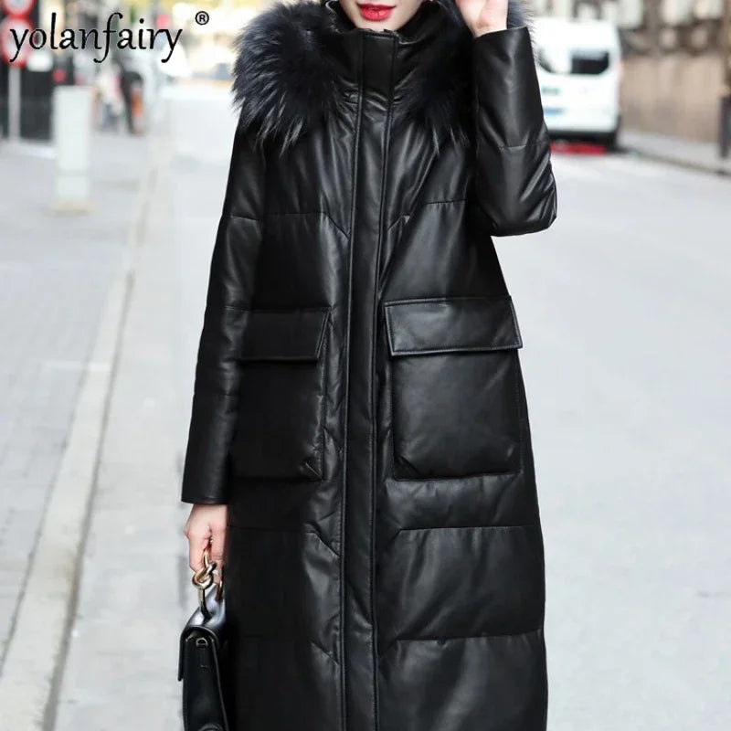YOLANFAIRY Winter Long Coat Women's Genuine Leather Down Jacket for Women Sheepskin Coats Female Loose Versatile Fur Collar FCY
