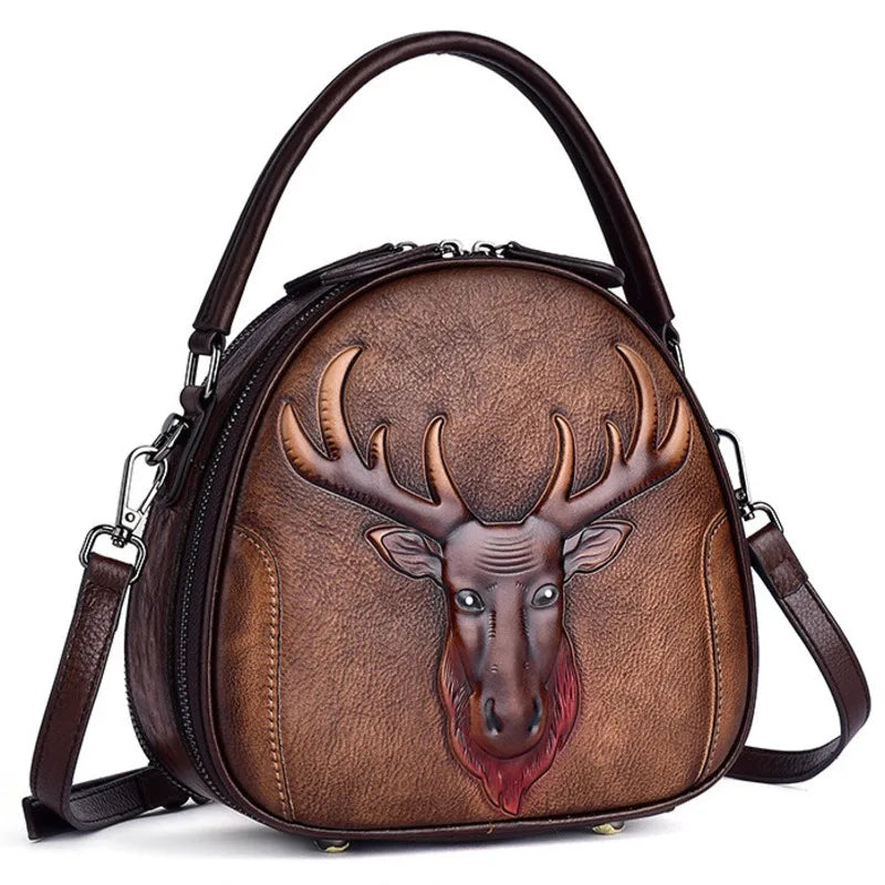 MOTAORA New Embossed Cowhide Shoulder Bag For Women Fashion Small Deer Head Crossbody Bags Chinese Style Genuine Leather Handbag