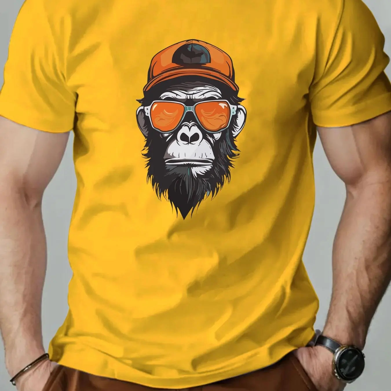 Men's summer 100% pure cotton fashionable casual sports loose monkey with sunglasses π glasses pattern printed round neck short sleeved T-shirt top