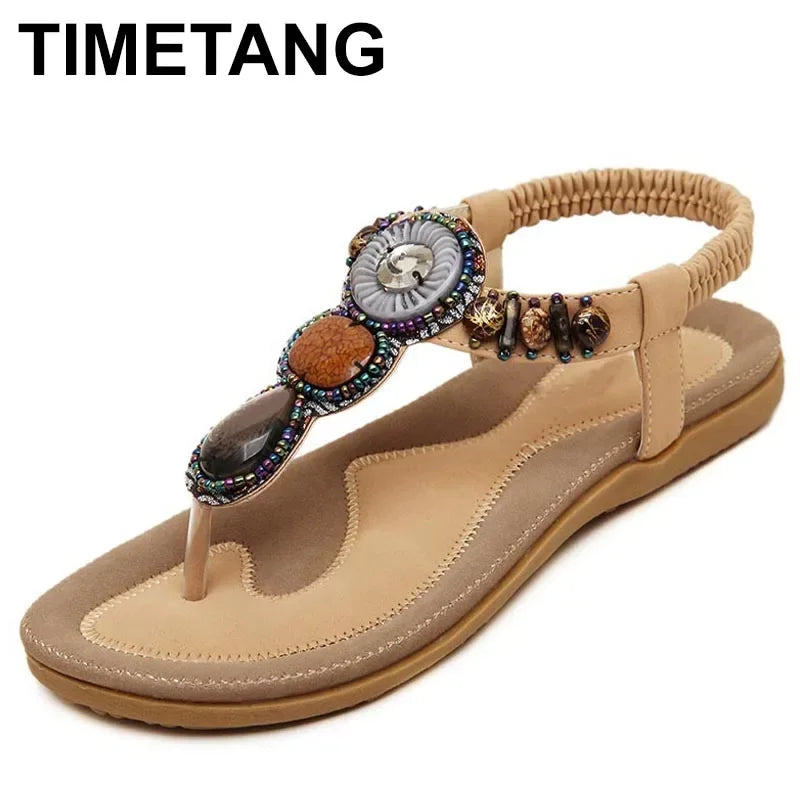 TIMETANG مقاس كبير 35-42 صنادل نسائية من البولي يوريثان أحذية كاجوال نسائية مزينة بالخرز وشريط مطاطي أحذية مسطحة أنيقة