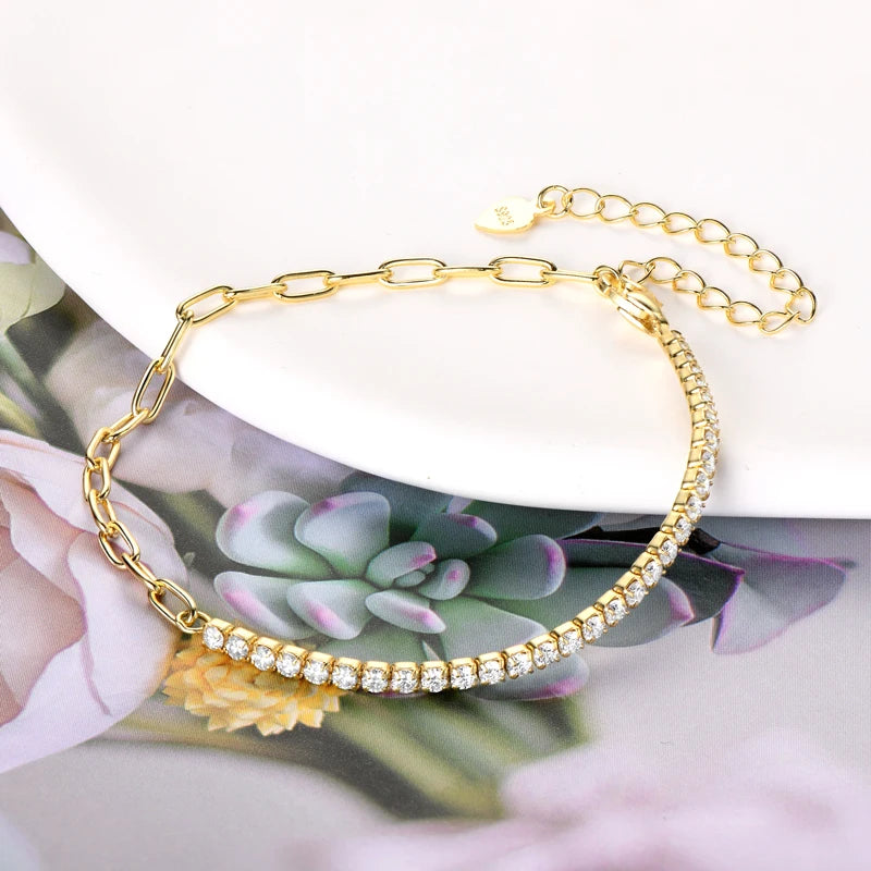 Lnngy 2mm Moissanite Bracelet Korean Ins 925 Sterling Silver Paper Clip Chain Adjustable Bracelets For Women Simple Hand Jewerly