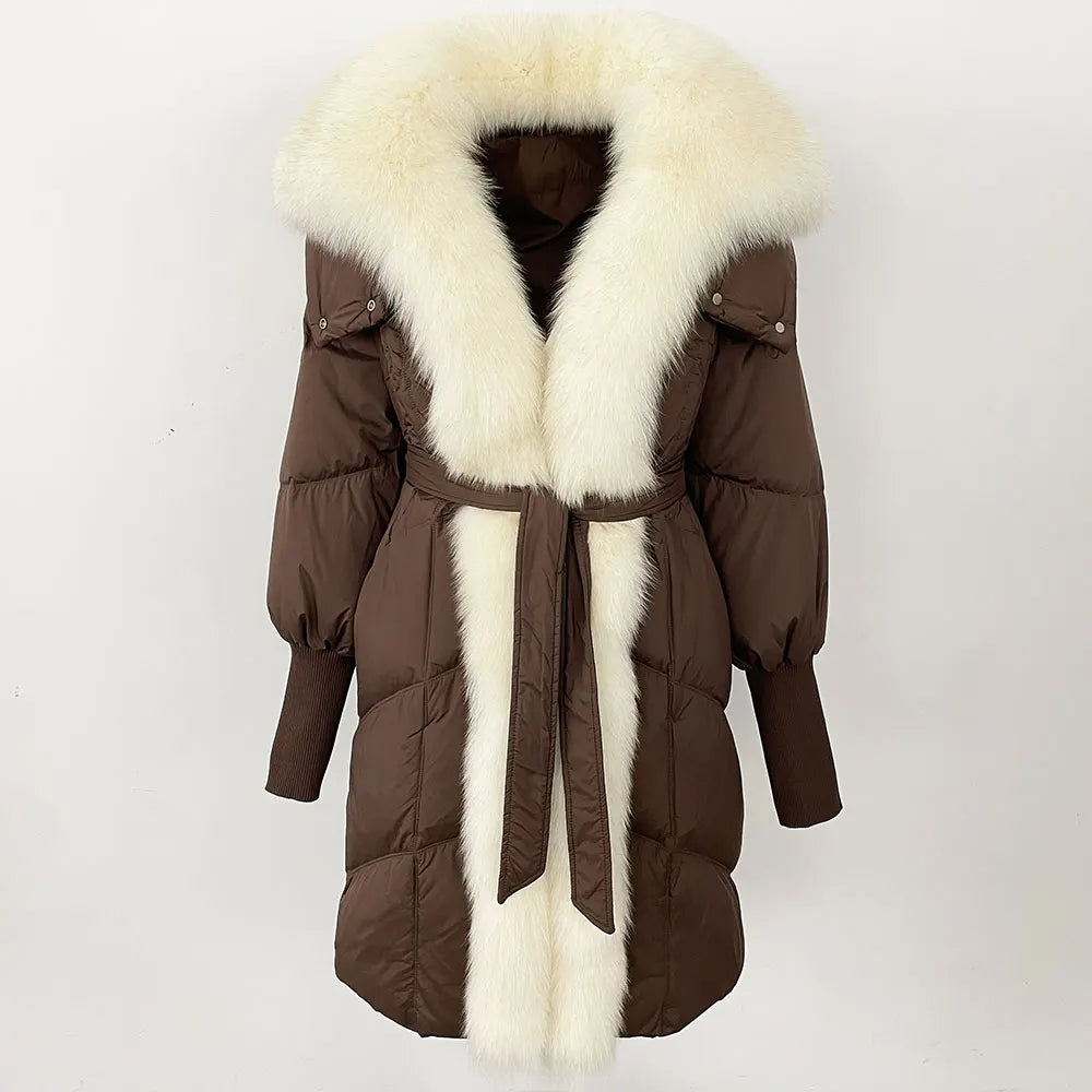 2025 Autumn Winter Women Coat Real Natural Fox Fur Long Down Jacket Thick Warm Casual Hooded White Duck Down Elegant Overwears