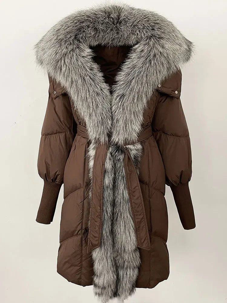2025 Autumn Winter Women Coat Real Natural Fox Fur Long Down Jacket Thick Warm Casual Hooded White Duck Down Elegant Overwears