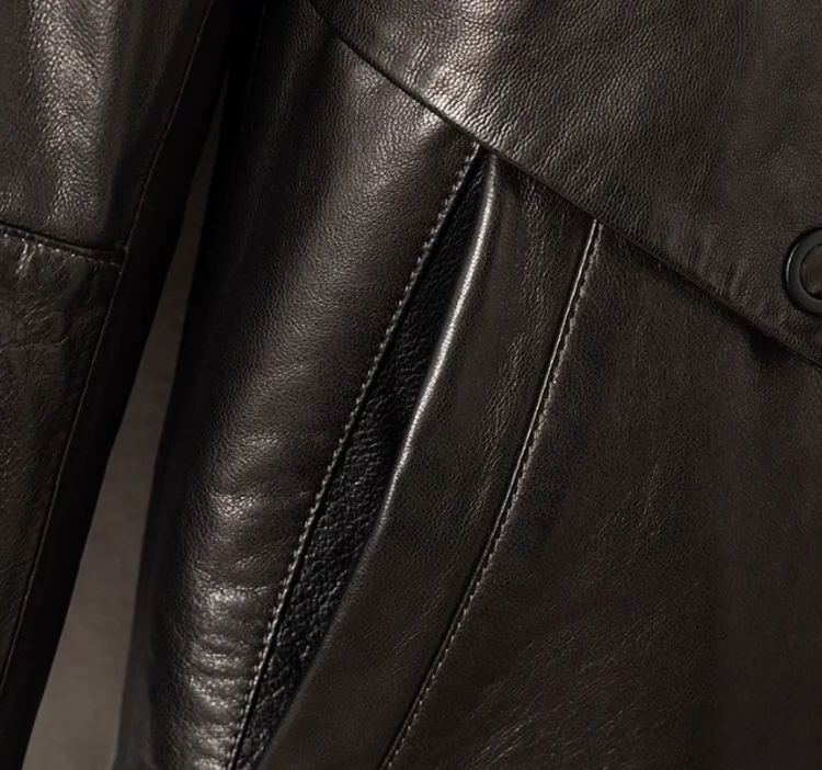Men’s Luxury Sheepskin Leather Winter Coat – Mid-Long Business Trench with Fur Collar