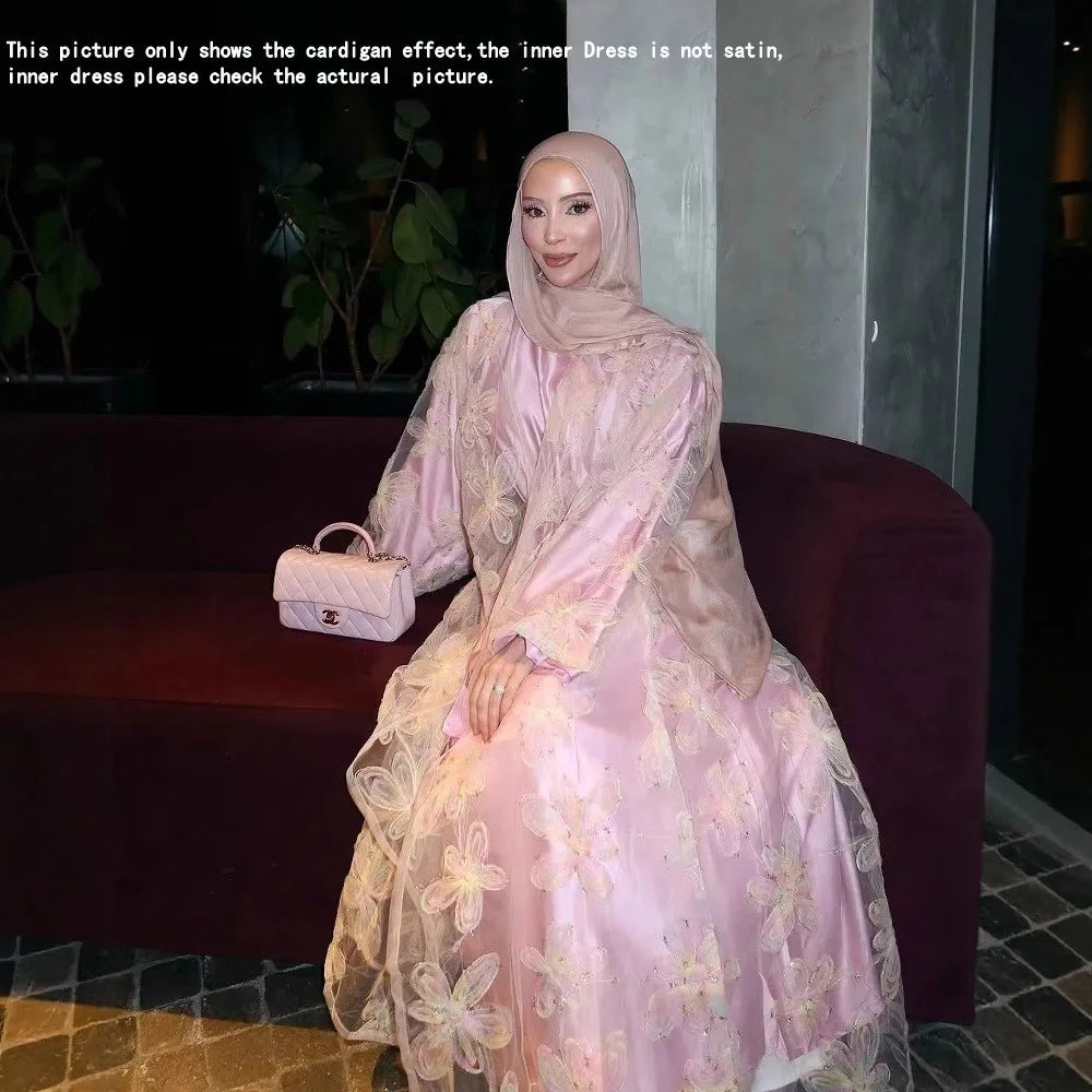 Elegant Women Abaya 2Pcs Print Cardigan Solid Color Inner Dress Set Female With Belt Kaftan Party Dress Player Clothing