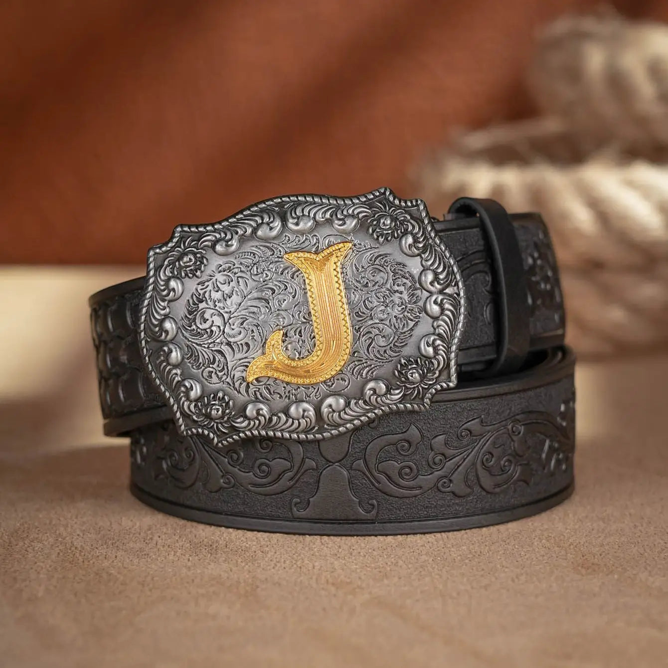 Western Cowboy PU Leather Belt - Men Waist Strap Bull Decoration Floral Engraved for Jeans
