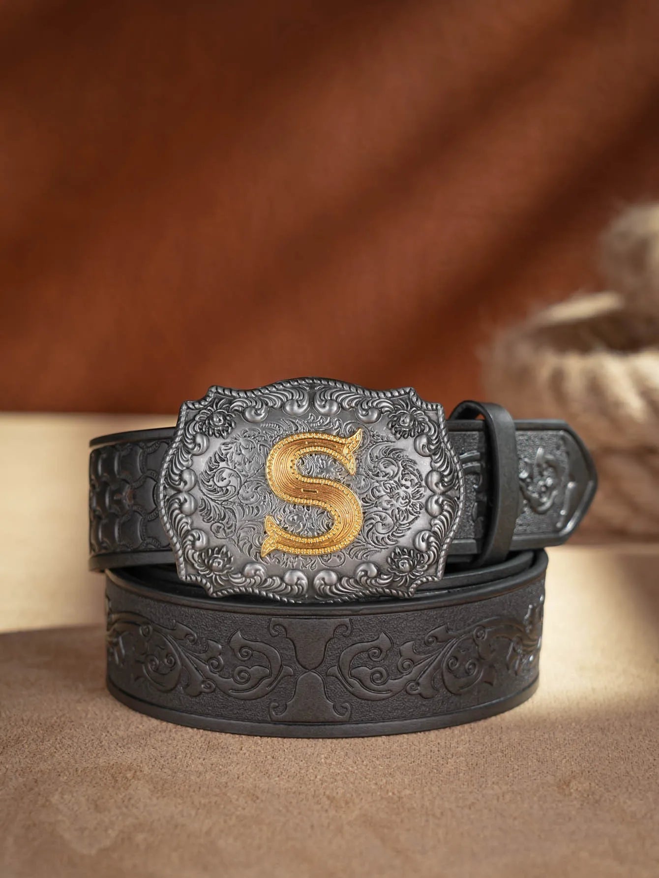 Western Cowboy PU Leather Belt - Men Waist Strap Bull Decoration Floral Engraved for Jeans