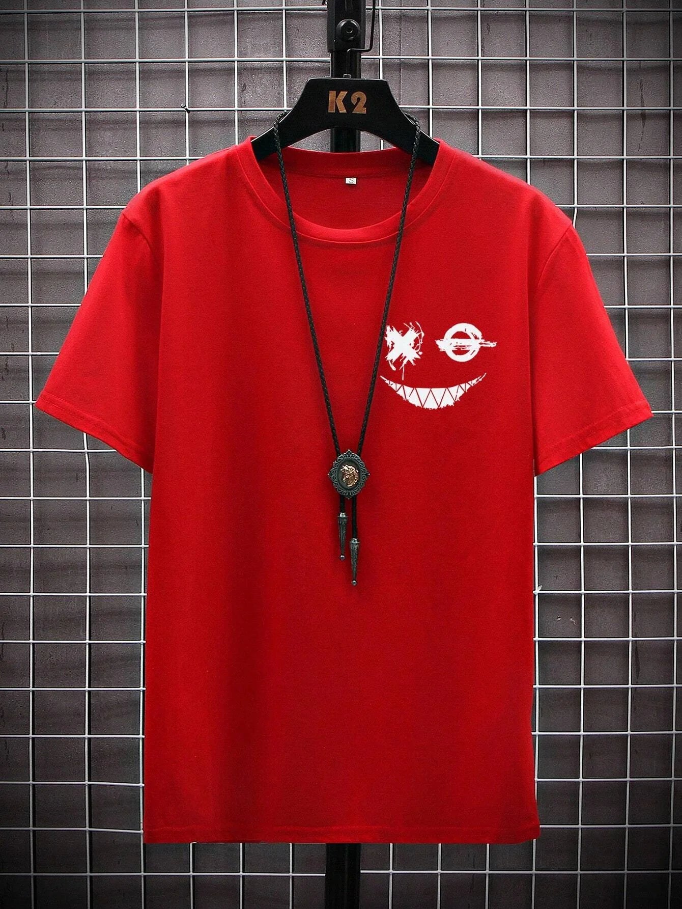 Men's 100% Cotton Oversized Smiling Face Printed Short Sleeve T-Shirt