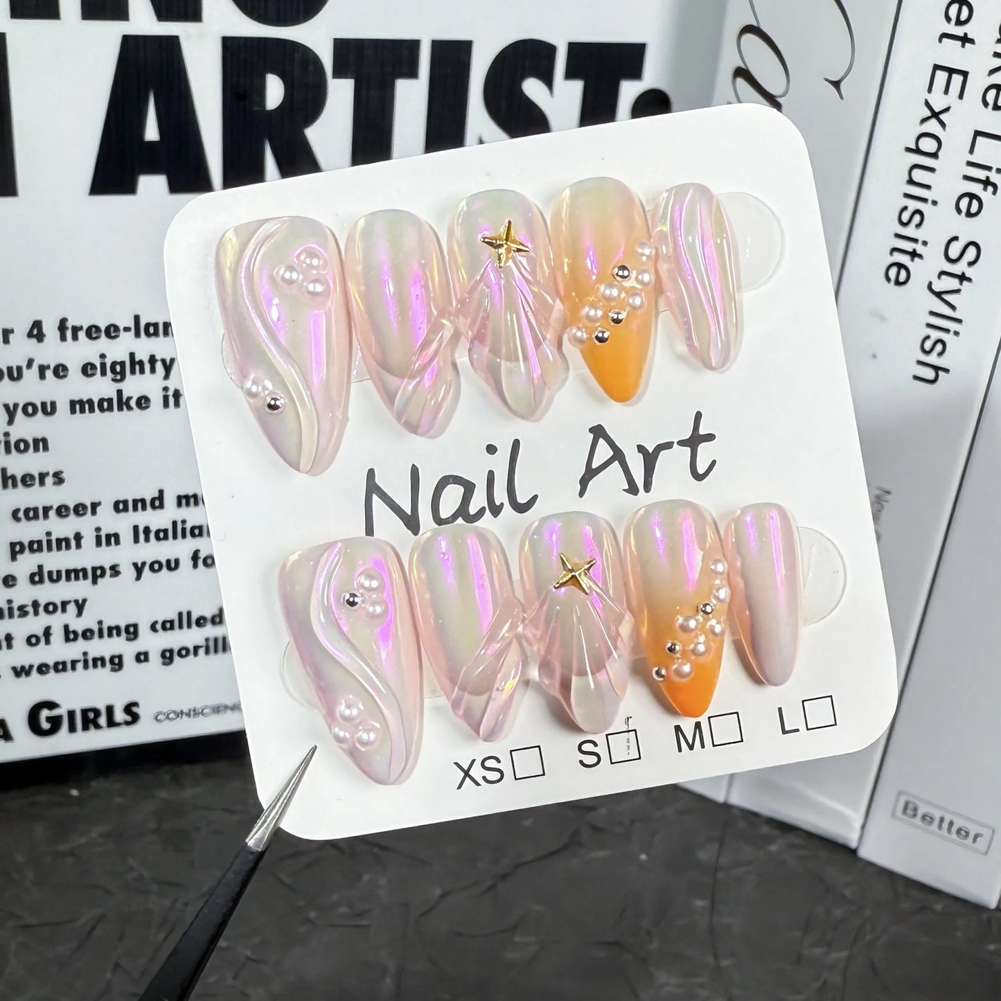 Handmade Short Press on Nails with Charms 3D Rhinestone Almond Reusable False Nails with Design Acrylic Fake Nail for Girls