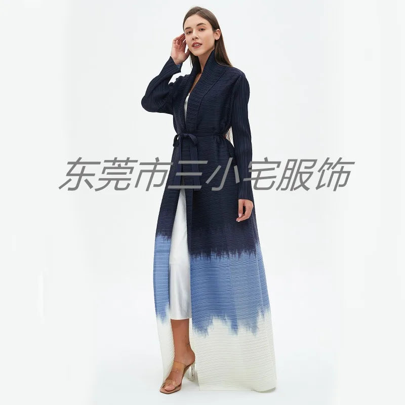KAF Pleated Women Loose Plus Size Trench Coat 2024 Autumn New Vintage Printed Cardigan Design Arab Female Luxury Abaya