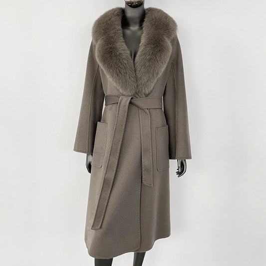 GENHUA 2025 New Casual Fur Coat for Ladies Winter Wool Long Fur Ladies Natural Real Fox Fur Collar Jacket for Ladies Warm Coat