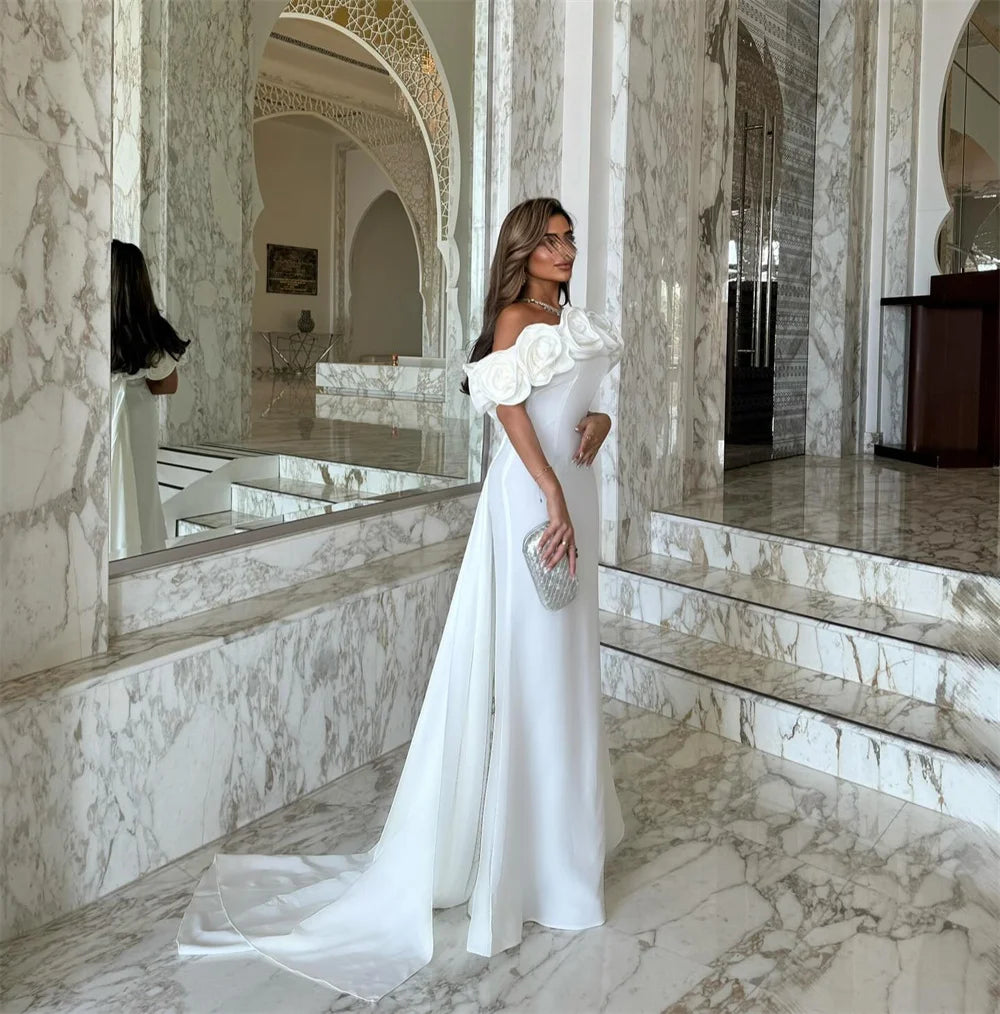 Mila Off Shoulder Customized White Evening Dresses Mermaid 3D Flower Prom Dress 2025 Court Zip Train Wedding Party Formal Gowns
