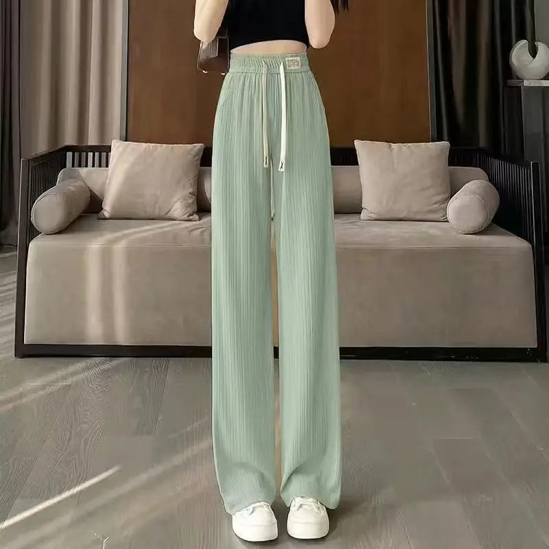 High Quali Ice Silk Wide Leg Pants Women's Straight Leg Casual Trousers Summer New Sle Trendy High Waist Nine Points
