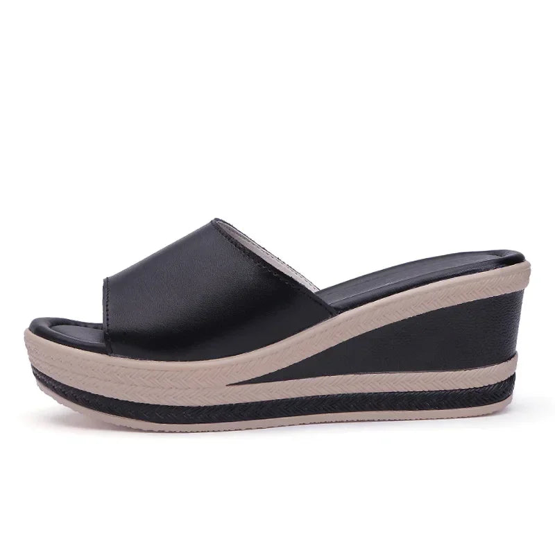 Women’s Split Leather Wedge Platform Slippers – Summer Slides