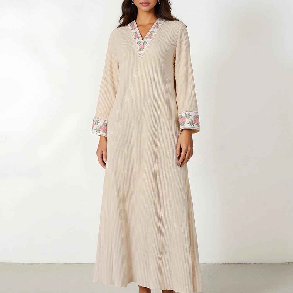 Rafiah Women's Summer 2025 Dress Solid Color V-Neck Striped Floral Embroidery Relaxed Silhouette Long Dress