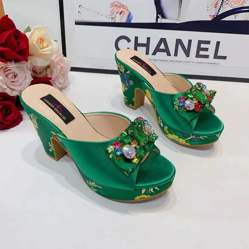 Gladiator Sandals & Bag Set – Green Rhinestone Embroidery, High Heel Party Shoes