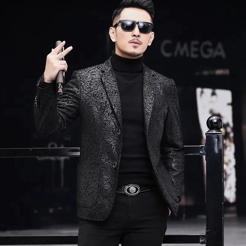 Business Men Work Slim Fit Real Sheepskin Genuine Leather Jacket Spring Autumn Floral Printed Single Breasted Blazer Suit Coat