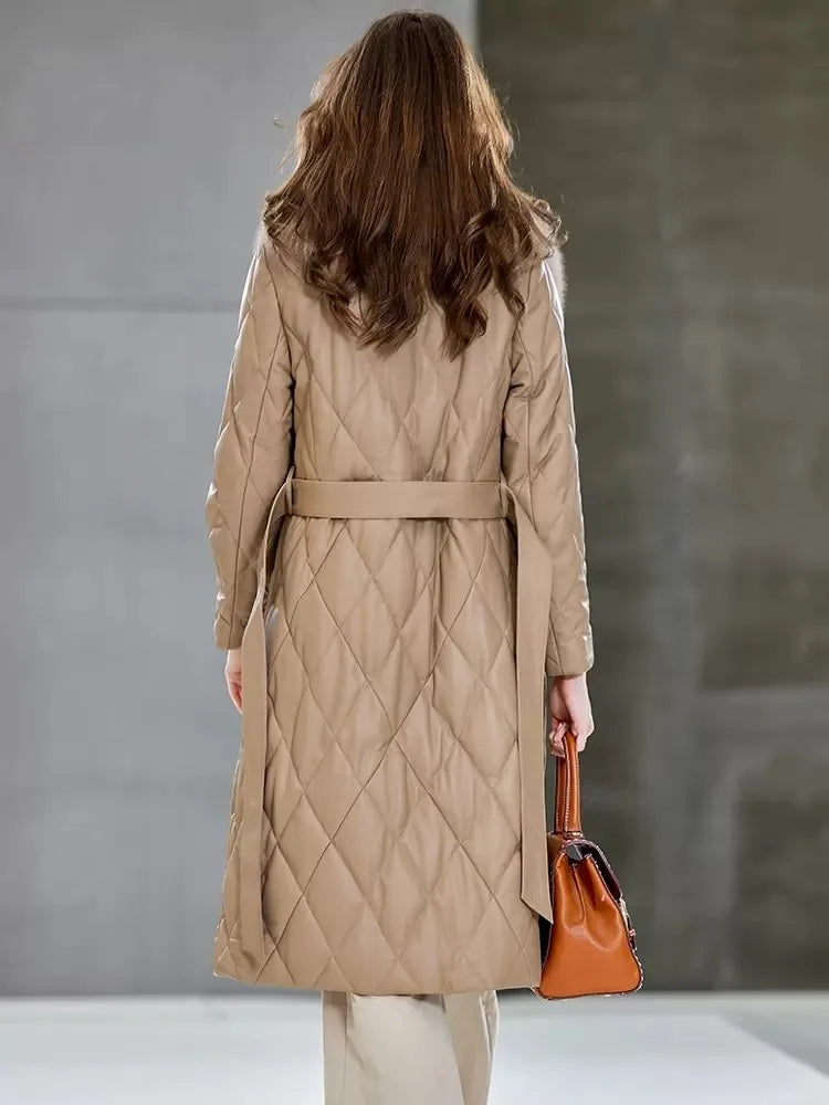 Women Winter Warm Sheepskin Long Down Jacket Belted Fox Fur Collar Elegant Lady Genuine Leather Overcoat Windproof Trench Coat