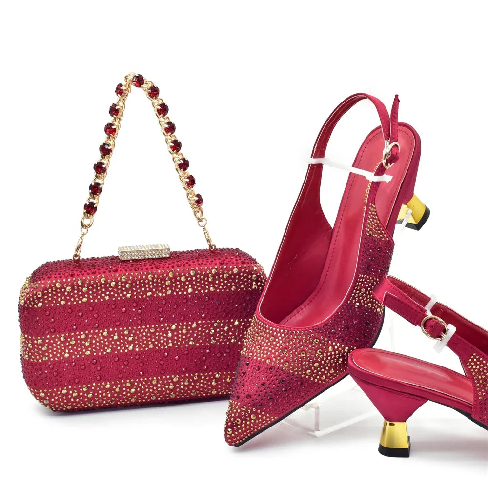 African Shoe and Bags Set for Wedding Women Shoes and Bags To Match Set with Rhinestone Italy Lady Pumps Women Shoes Luxury