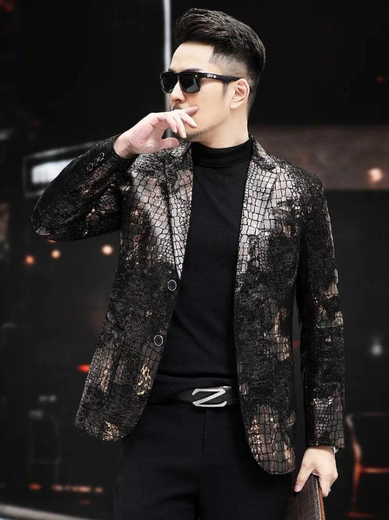 Luxury Mens Genuine Leather Suit Jacket Slim Single Breasted Vintage Sheepskin Blazers Spring Autumn Business Casual Mens Coat