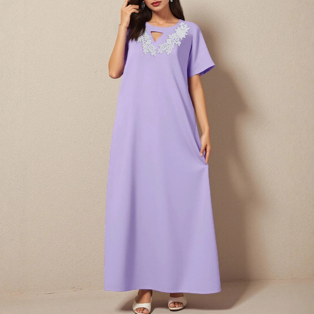Rafiah Women's Summer Arabian Dress Loose Fit Comfortable Appliques Short Sleeve Crew Neck Midi Casual Arabian Dress