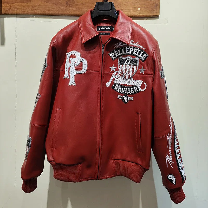 US size men's Hip Hop Sheep skin Varsity Jacket Embroidered Diamond Classic Casual Sport genuine leather Coat tops