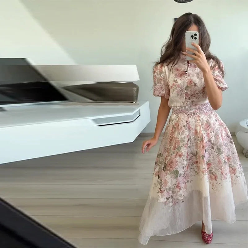 Floral Printed Two-Piece Skirt Set – Loose Full Sleeve Shirt & Pleated Maxi Skirt