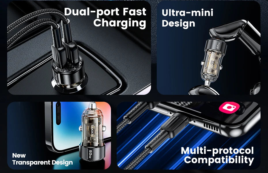 Toocki 60W USB Car Charger Quick Charge QC PD SCP 6A USB Type C Car Fast Charging For iPhone 15 14 13 Huawei Samsung Xiaomi