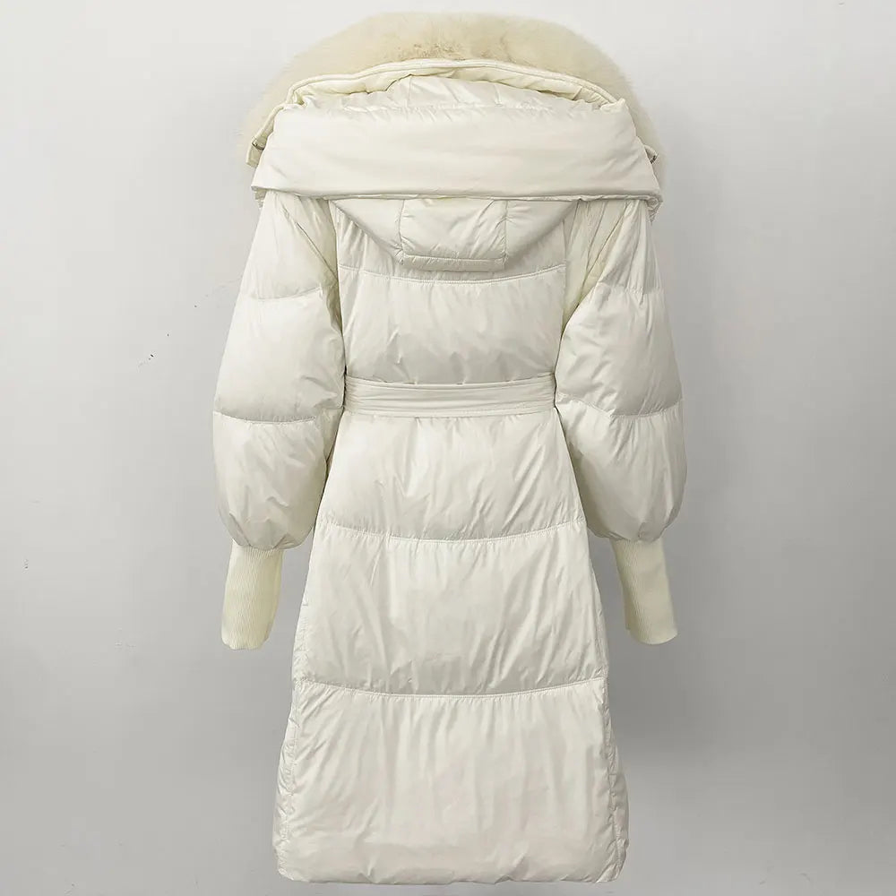 2025 Autumn Winter Women Coat Real Natural Fox Fur Long Down Jacket Thick Warm Casual Hooded White Duck Down Elegant Overwears