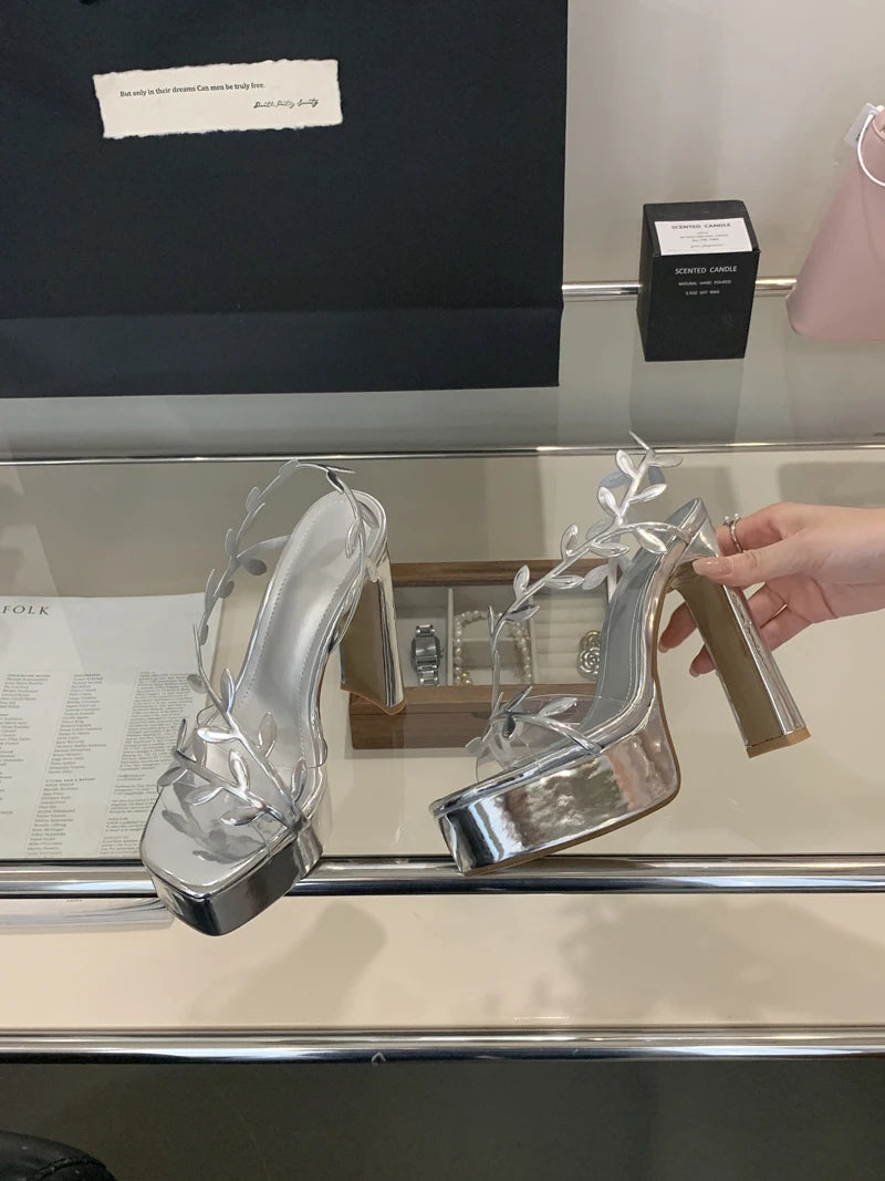 Women’s 13cm Gold Platform Heeled Sandals – Silver Leaves PVC Transparent Party Dress Shoes