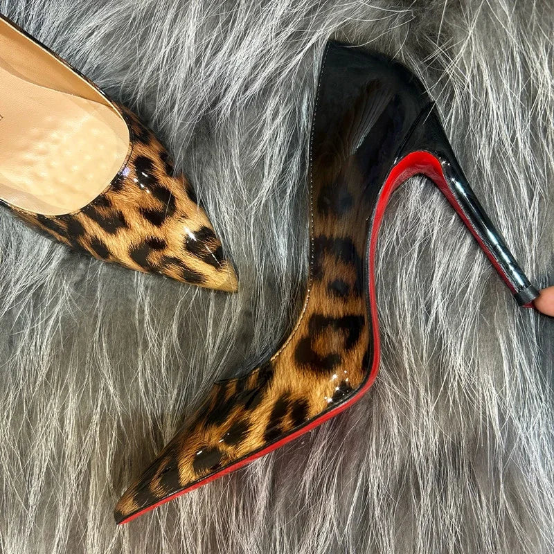 New Gradient Red Bottom Large Heels Sexy Leopard Pattern Pointed Professional Women's Shoes Black Graduation Single Shoes