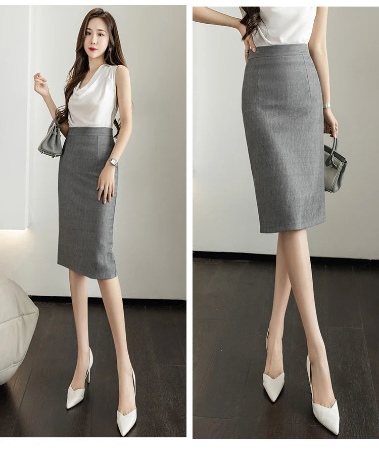 Classic Vintage Gray Red Stretch Pencil Skirts For Women Office Lady Formal Black Midi Skirts Elegant Female Package Hip Skirts