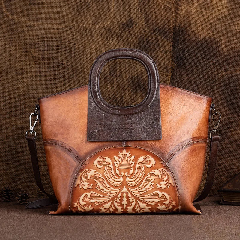 MOTAORA Genuine Leather Luxury Shoulder Bags for Women, Vintage Handmade Designer Cowhide Handbags with Embossed Details