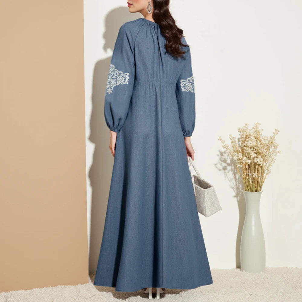 Rafiah Summer Dresses 2025 Women's Vintage Plain Jacquard Long Puff Sleeve Round-Neck Midi Folds Daily Arabian Dress