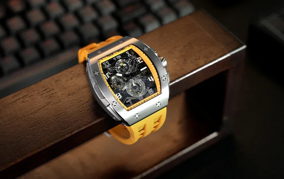 TSAR BOMBA Luxury Mens Watch Top Brand Wristwatch Tonneau Clock Rubber Strap Chronograph Sapphire Watches for Men