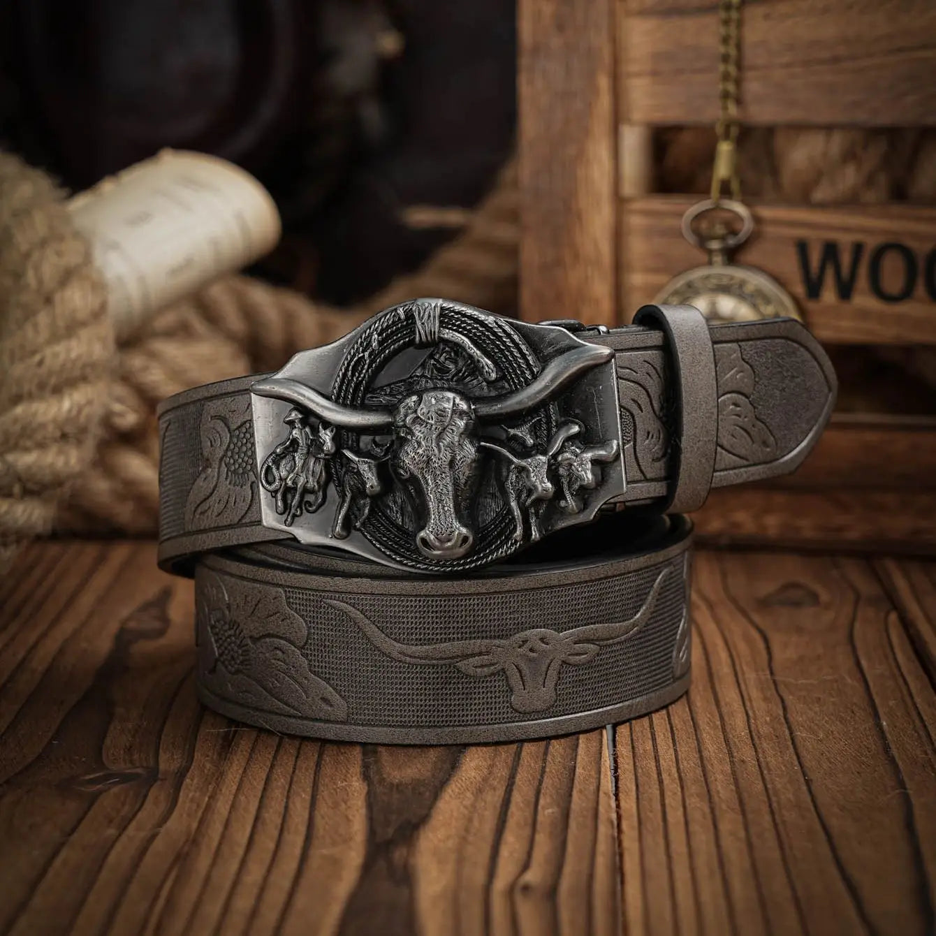 Western Cowboy PU Leather Belt - Men Waist Strap Bull Decoration Floral Engraved for Jeans