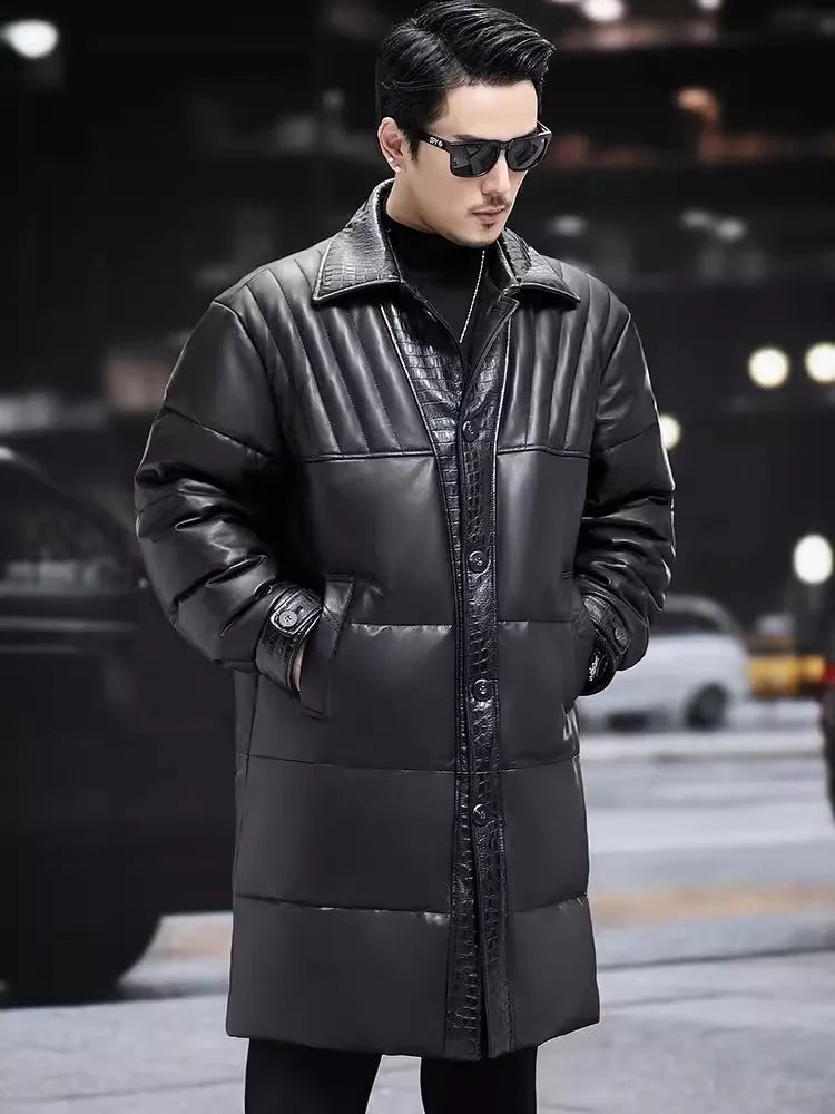 Winter Mens Sheepskin Genuine Leather Down Coat Thicken Warm Single Breasted Turn-Down Collar Medium Length Overcoat Size 5XL