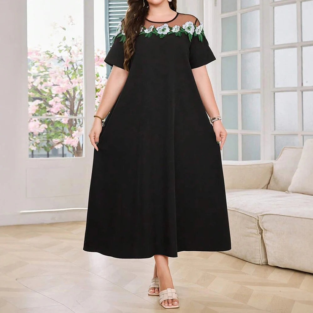 Plus Size Rafiah Women's Arabian Dress Summer Fashion Decent Floral Short Sleeve Round-Neck Midi Casual Shift Dresses