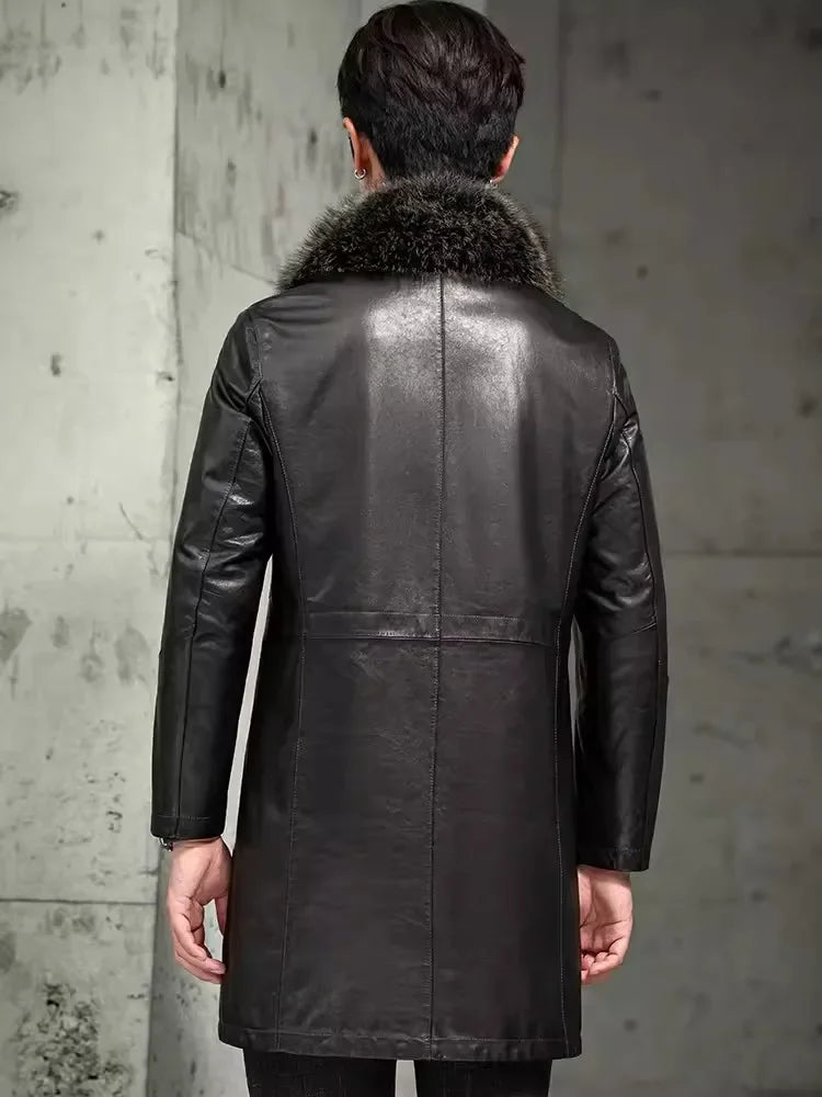Men Luxury Business Winter Work Mid Long Thick Warm Down Coat Fur Collar Single Breasted Sheepskin Genuine Leather Jacket Trench
