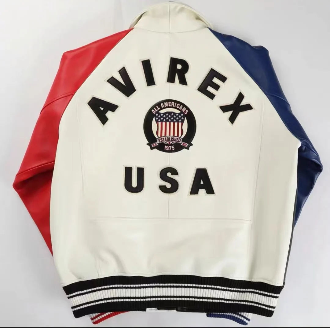 Avirex Colorblocked Men's French Sheepskin Jacket Flight Suit Genuine Leather Leather Jackets US Size Fashion Casual Coat tops