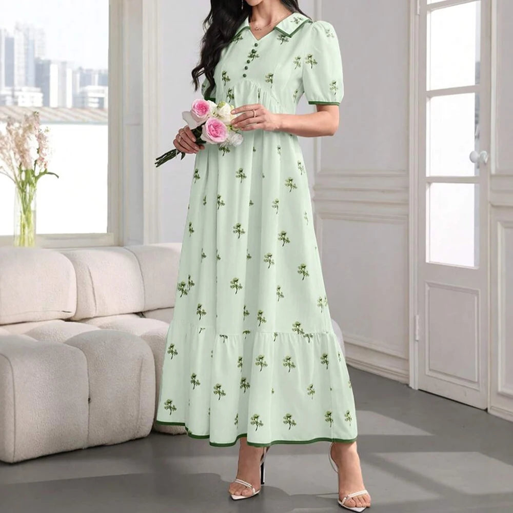 Rafiah Women's Dresses Summer Elegant 2025 Floral Intellectual Short Sleeve Shirt Collar A-Line Midi Vacation Long Dress