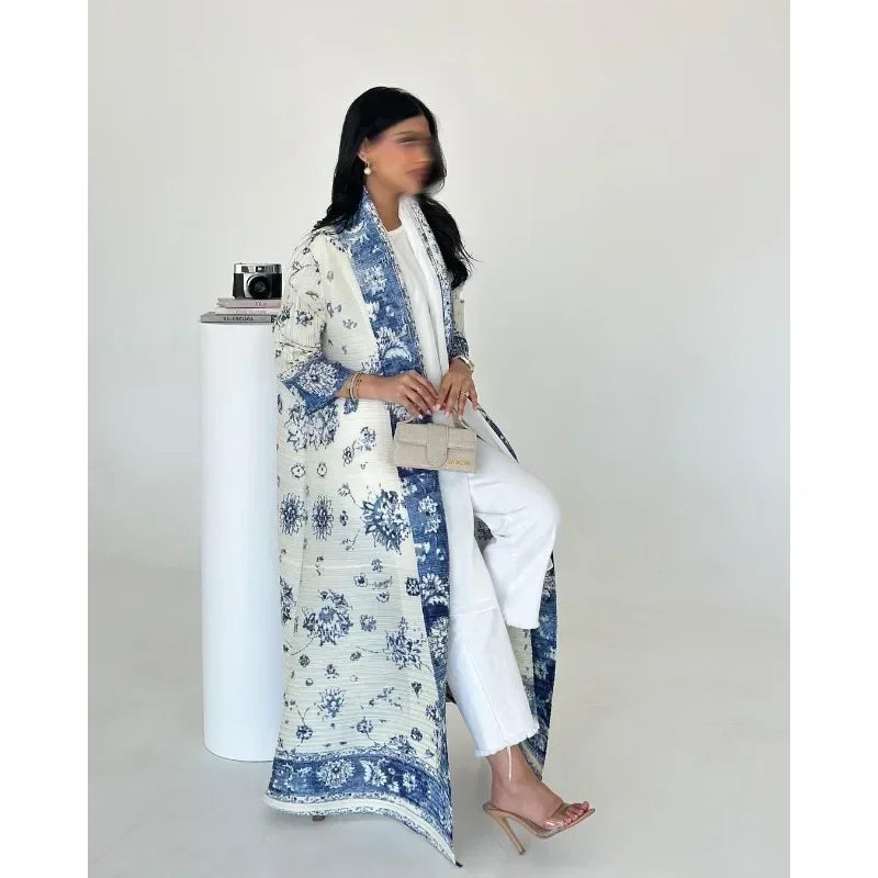 KAF Pleated Women Trench Coat Vintage Printed Cardigan Design Loose Plus Size Women Long Dress Dubai Female Luxury Abaya 2024