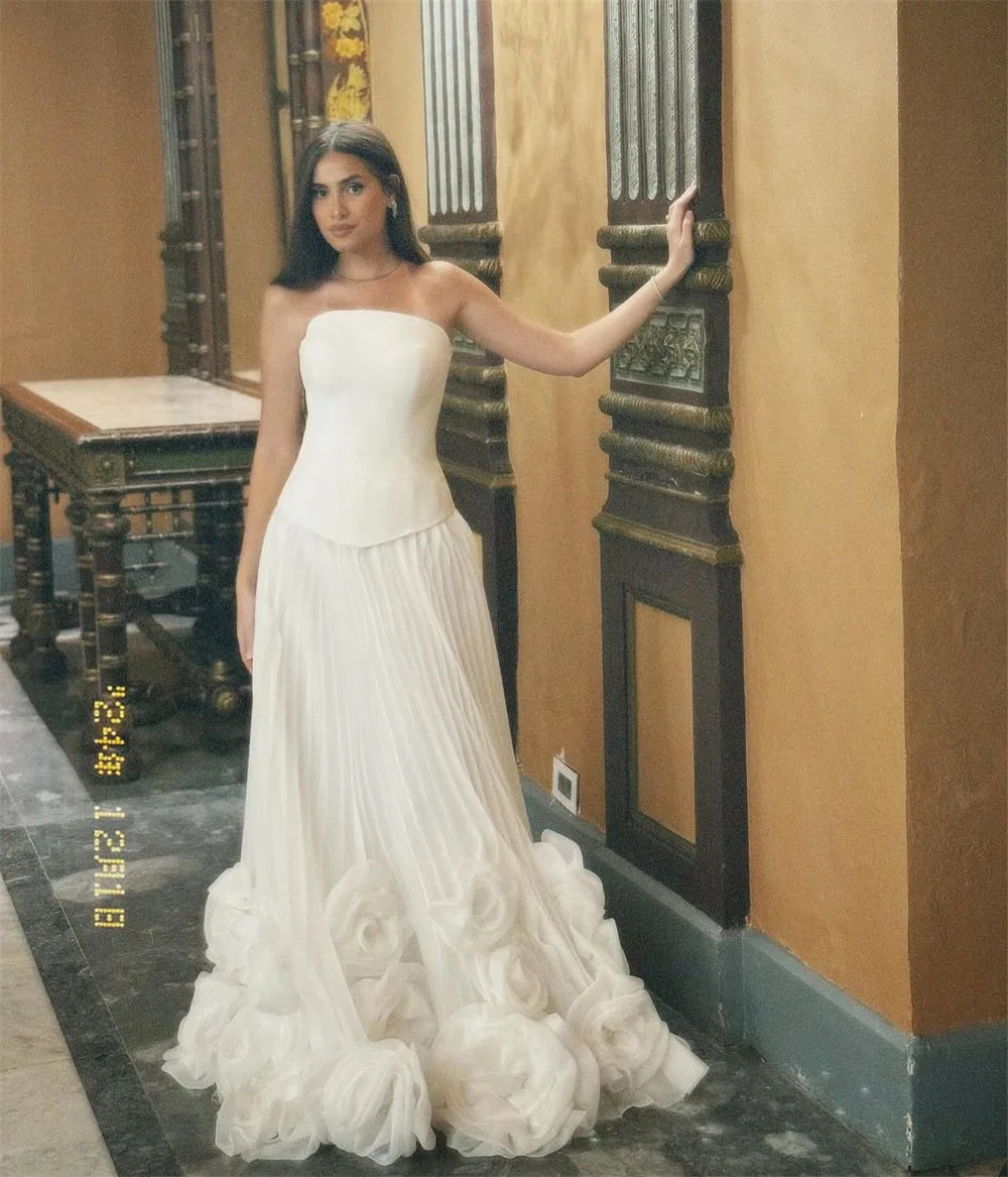 Mila White Strapless A-Line Party Dresses 3D Flower Tulle Evening Dresses Floor-Length Pleated Customized Prom Dresses