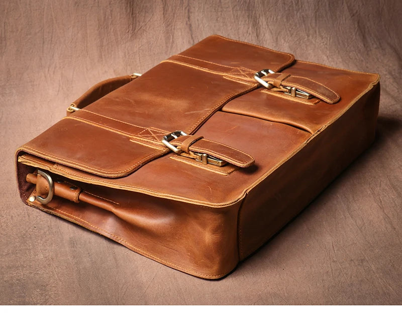 LUOKIR Vintage Crazy Horse Briefcase Travel Genuine Leather Handbag Luxury Men's Messenger Computer Shoulder Bag 14 Inch Laptop