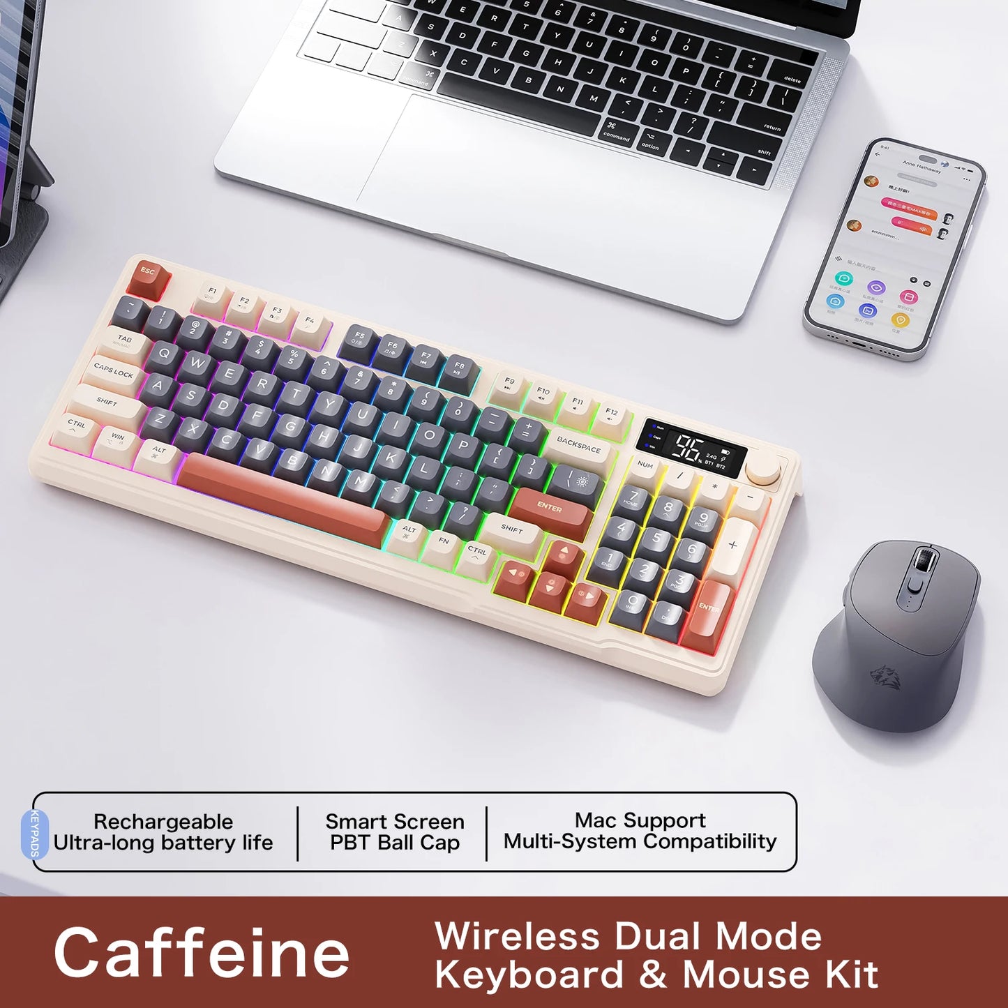 M96 Screen Wireless Keyboard Mouse Kit with Media Knob,ZIYOULANG Bluetooth Keyboard Mouse Combos,Multi-Device Connection,PBT Cap