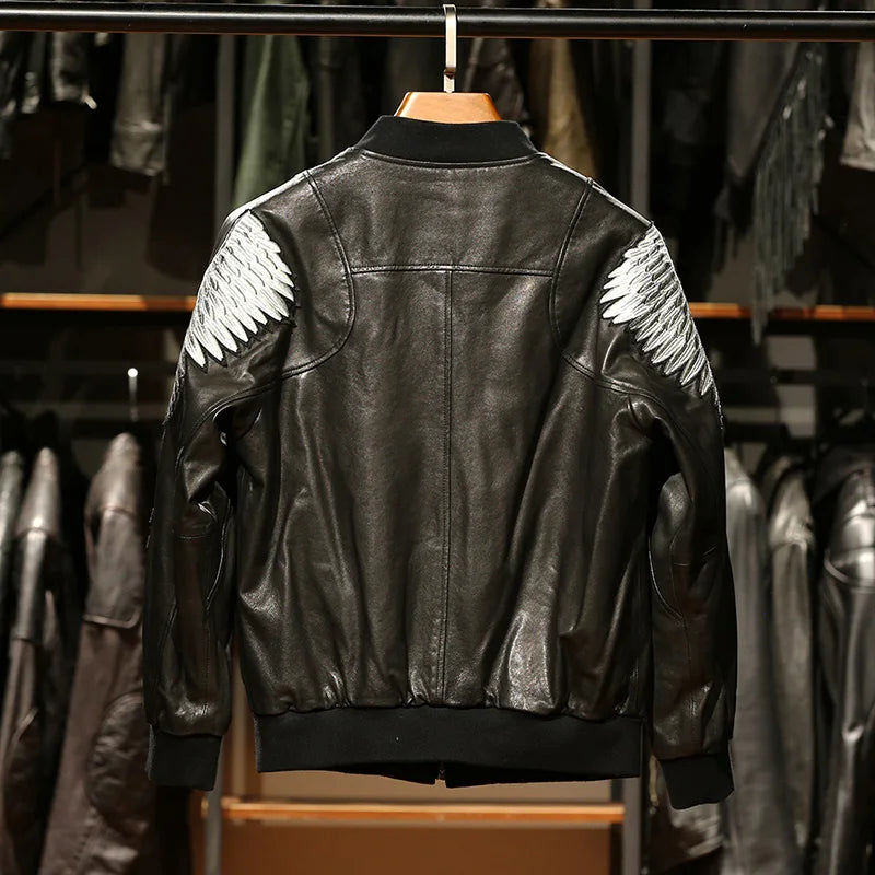 Embroidered eagle wings leather baseball jersey men stand-up collar full vegetable tanned sheepskin genuine leather jacket tops