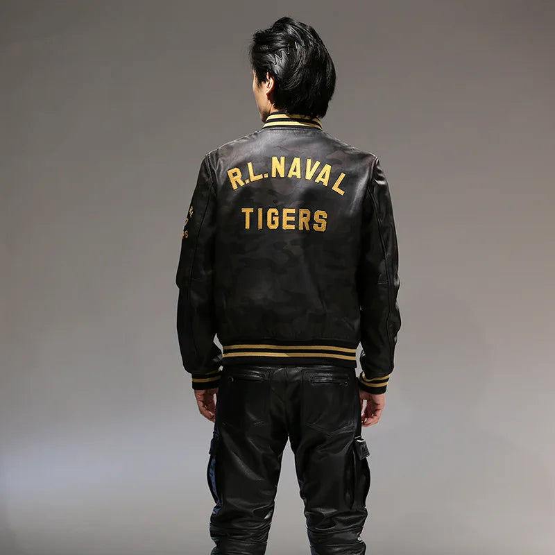 Men's top quality stand collar real leather jacket baseball tiger embroidery Fashion leisure first layer cowhide leather coat
