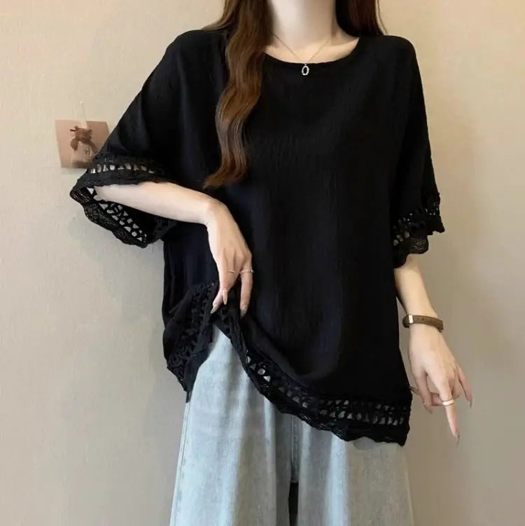 Lace Hollow out Texture ort Sve Women's T-irt Summer plus Size Conceals Belly Slimming Faionable Top Korean Sle