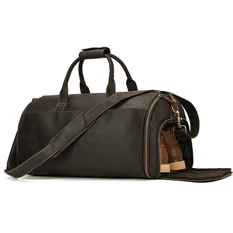 Crazy Horse Leather Folding Suit Bag Man Business Travel Bag With Shoe Pocket Clothes Cover Luggage Duffel Bag Man Bag For Suits